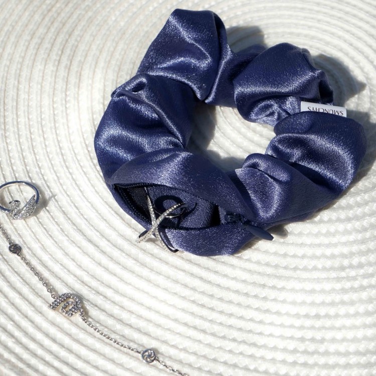 Scrunchie med lomme, Satin Blå