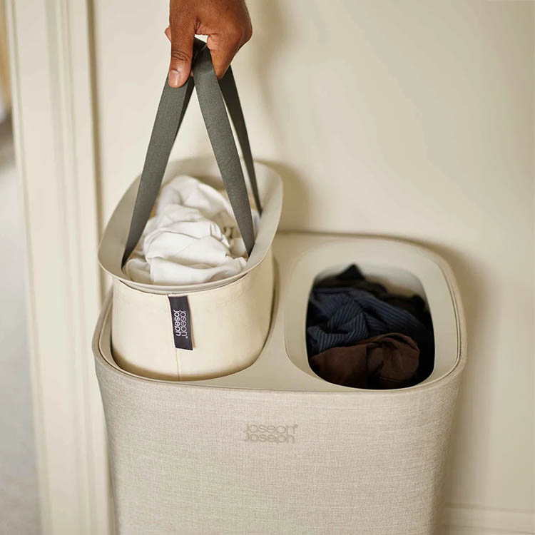 Klesvaskkurv med sorteringsrom, 2 rom, Beige