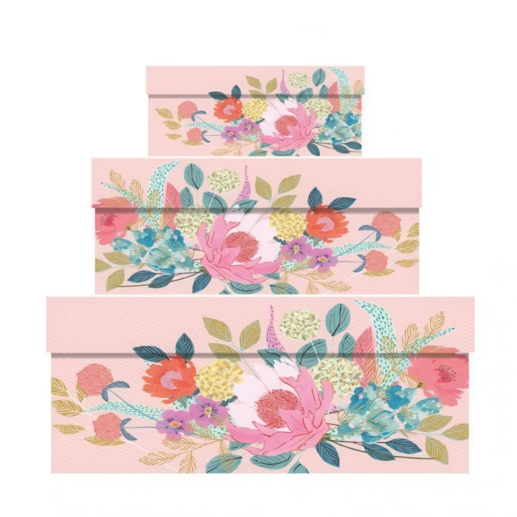 Oppbevaringsboks i papp, sett med 3, Blomster