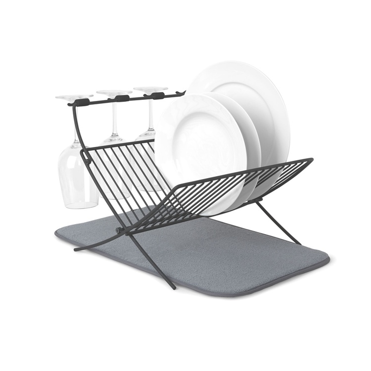 Oppvaskstativ med glassholder og tørkematte, XDRY, 51 x 37 x 31 cm, Umbra, Svart / Grå