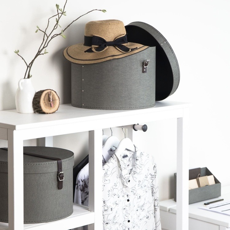 Rund oppbevaringsboks med spenne 2 bokser, Rut canvas, Bigso