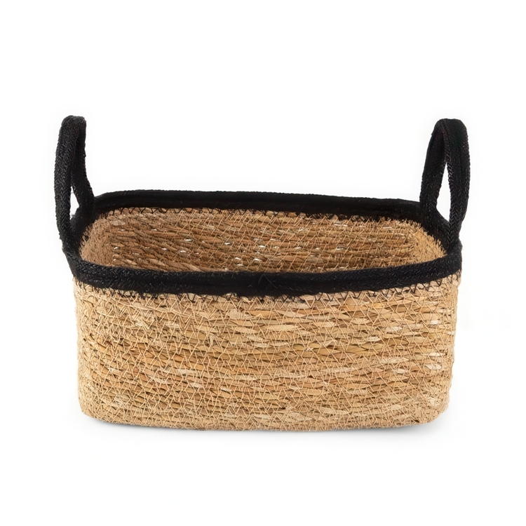 Oppbevaringskurv av sjøgress og jute, SMALL PANIER DE RANGEMENT, 24 x 15 x H 12 cm, Natur / Svart