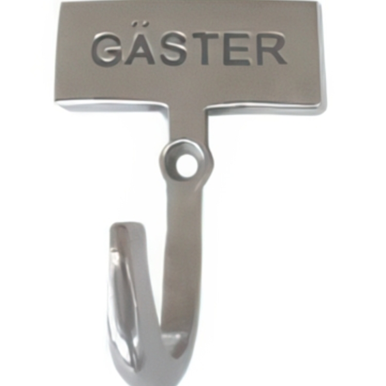 Gjesteskilt med knagg i blank metall, Gjester
