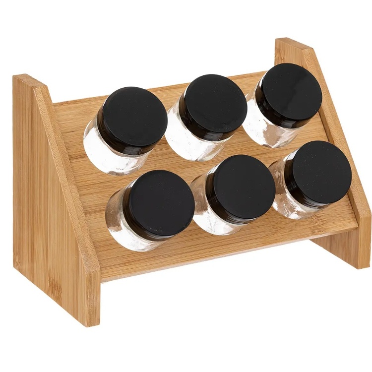 Krydderstativ i bambus med 6 glasskrukker, BAMBOO SPICE RACK, Natur