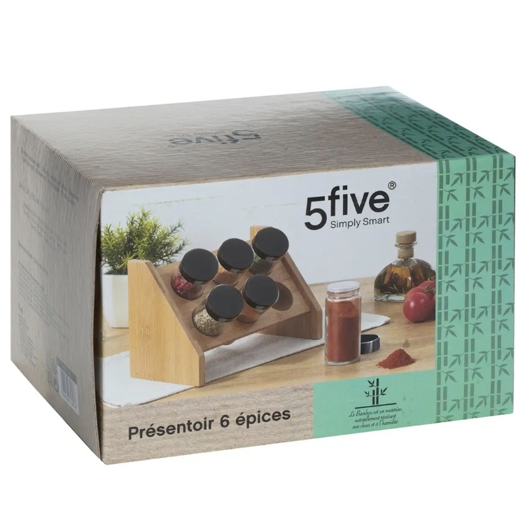 Krydderstativ i bambus med 6 glasskrukker, BAMBOO SPICE RACK, Natur
