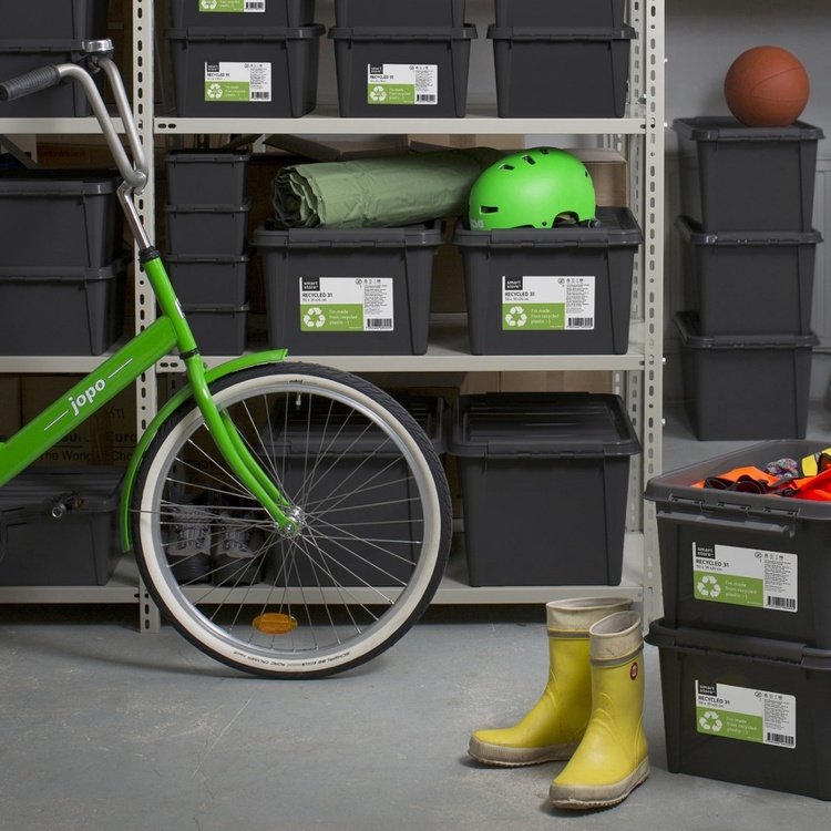 Stor oppbevaringsboks med lokk i resirkulert plast 46L, SmartStore, Svart