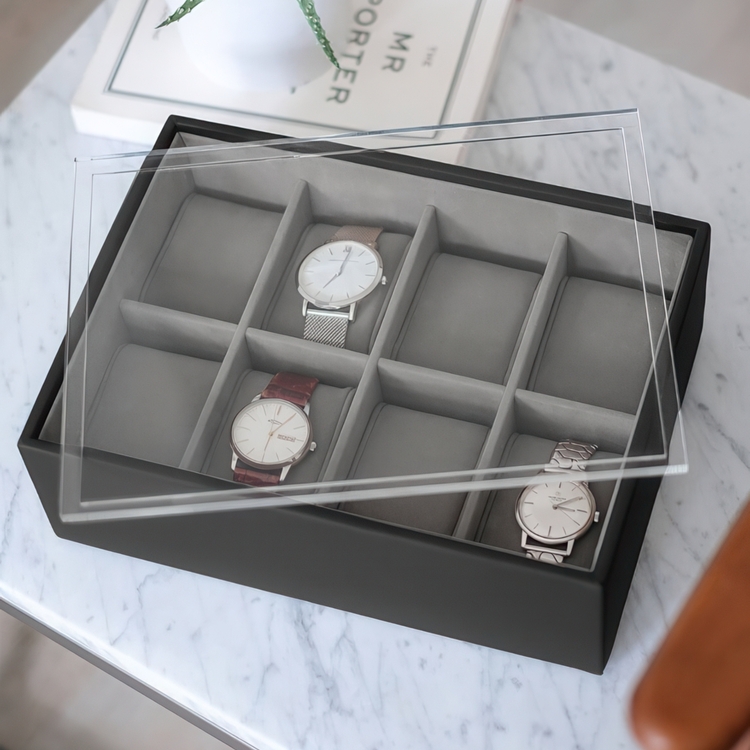 Klokkeboks med displaylokk, STACKERS WATCH BOX, 18 x 26 x H 9,5 cm Svart