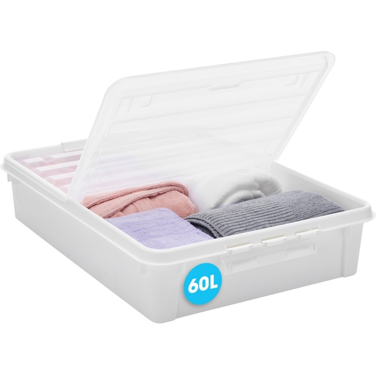 Stor oppbevaringsboks under sengen med hjul 60L, SmartStore, Klar/svart