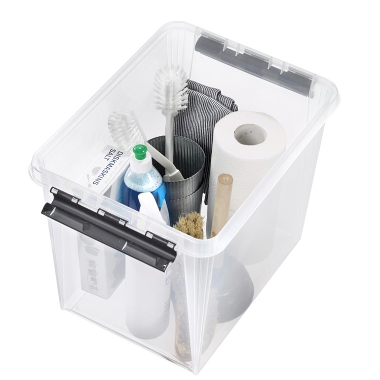 Høy oppbevaringsboks med lokk 25L, SmartStore, Klar/svart