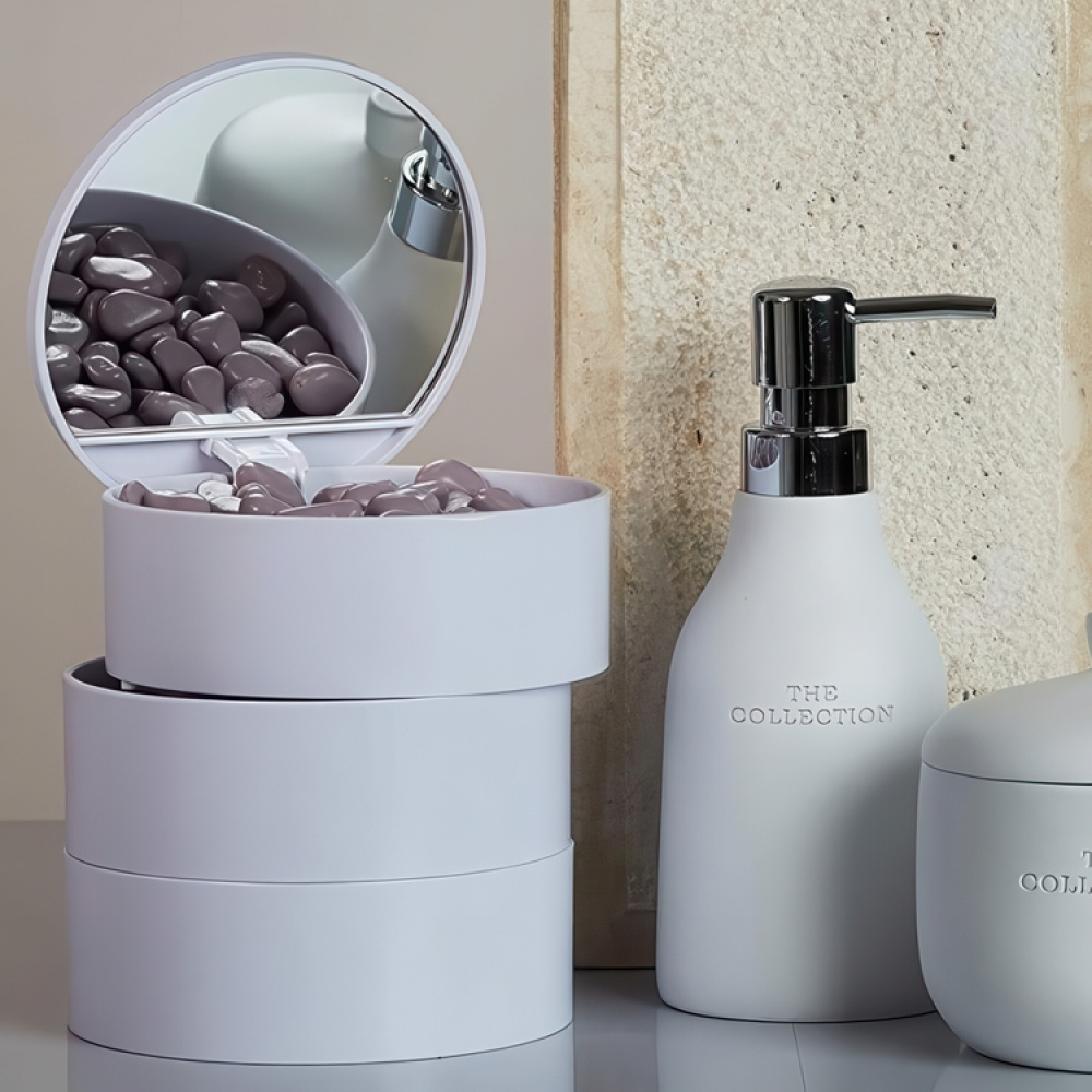 Boks med speil, COSMETIC TOWER, Ø 13 x H14 cm, Hvit i gruppen Oppbevaring hos SmartaSaker.se (40033)
