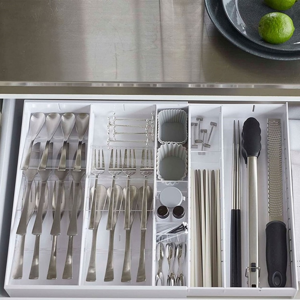 Bestikkskuff, justerbar, TOWER CUTLERY CASE, Yamazaki, 35 x 30–47,5 x H 5,5 cm i gruppen Oppbevaring / Kjøkkenskap / Organisere kjøkkenskap / Bestikkesker hos SmartaSaker.se (40125)