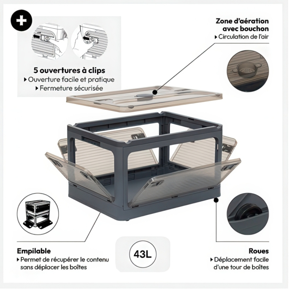 Boks med hjul, stablbar, MOBILE FOLDING BOX, 51,5 x 36 x H 30 cm, mørkegrå i gruppen Oppbevaring hos SmartaSaker.se (41801)