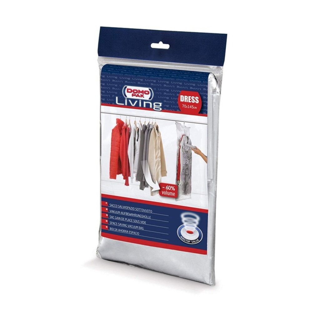 Lang vakuumpose med kleshenger, 70x145 cm, Domopak Living i gruppen Oppbevaring / Garderoboppbevaring / Vakuumoppbevaring / Hengende vakuumposer hos SmartaSaker.se (43189)